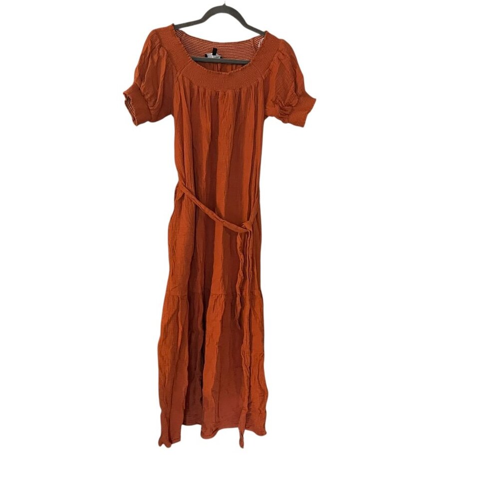Lulu's Off Shoulder Ready For Sunshine Rust Tie Burnt Orange XL Boho Midi Dress